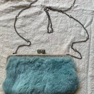 Vintage Y2K Juicy Couture Teal Fur Crossbody Clutch with Crystal Frame and chain